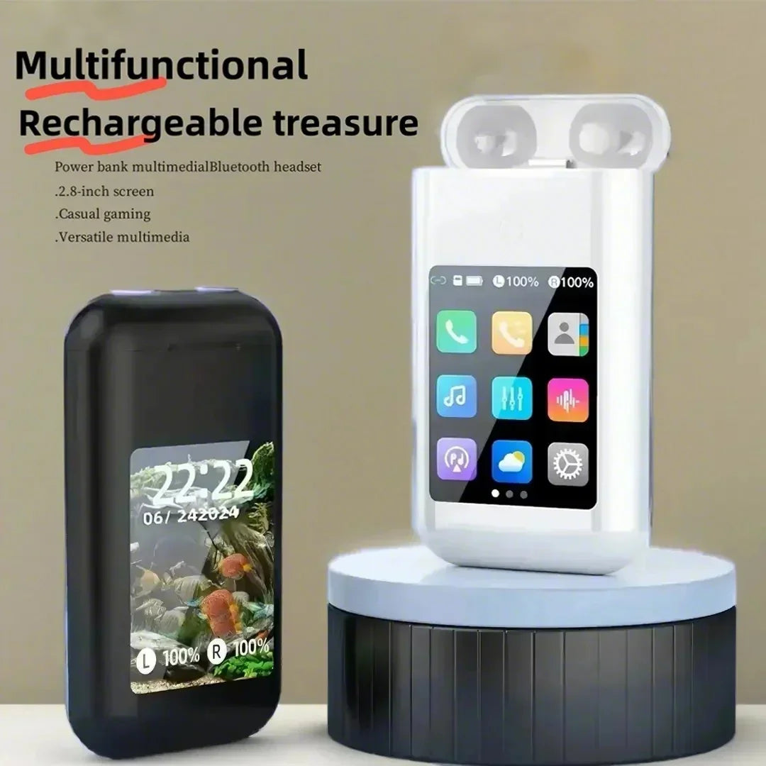 Multiple Function In Ear Bluetooth Wireless Earphone Charging Case With 2.8" Touch Screen Power Bank Headphone Music Game